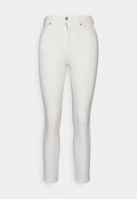 Jeans ajustados blancos de mezcla de algodón, con cremallera, cierre de botón y diseño clásico de 5 bolsillos. Textura suave en toda su superficie.