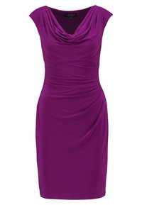 Abito viola con scollatura a drappo, maniche a cappuccio e dettagli arricciati lungo il corpo. Realizzato in tessuto liscio ed elastico, lungo fino al ginocchio.