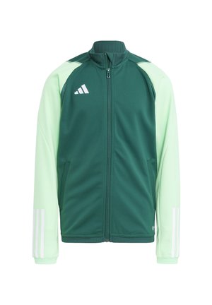 Grüner und mintfarbener Reißverschlussjacke aus leichtem Material, hoher Kragen, weiße drei Streifen Akzente an den Ärmeln und ein Logo auf der linken Brust.