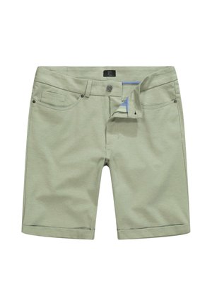 Lys grønne bomuldsshorts med en lige design, fem-lommemodel, omslået kant og en knaplukning med en blå inderside.