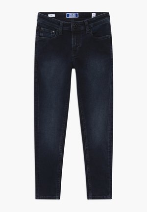 Donkerblauwe jeans met een slim fit, gemaakt van denim, met vijf zakken, een button closure aan de voorkant en tonale stiksels.
