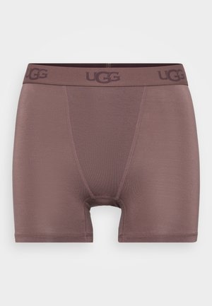 Smeđi UGG bokserice s glatkom teksturom, s kontrastnim pojasom na kojem se nalazi UGG logo. Dizajnirane su s udobnim srednjim krojem i bez otvora.