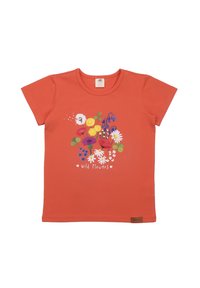 Short-sleeve orange t-shirt made of cotton, featuring a colorful floral print with "wild flowers" text at the center. Earth-tone label at the hem.