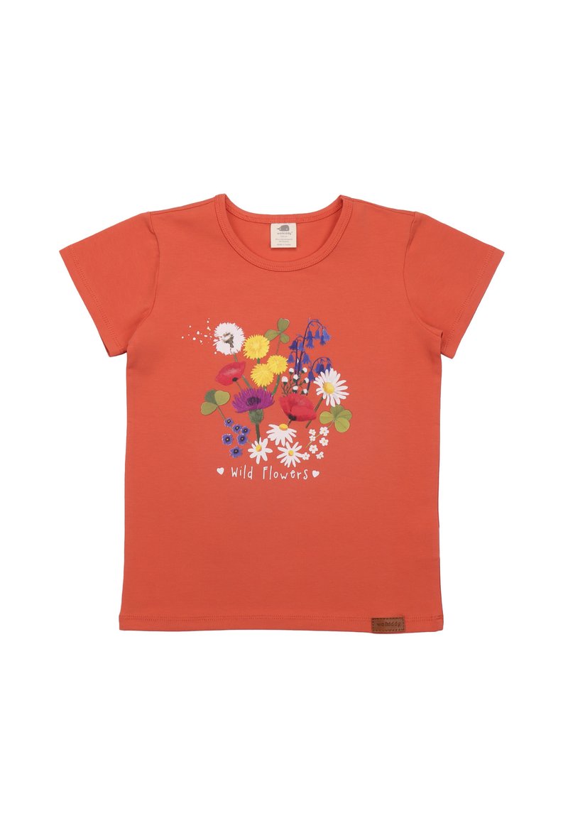 Short-sleeve orange t-shirt made of cotton, featuring a colorful floral print with "wild flowers" text at the center. Earth-tone label at the hem.