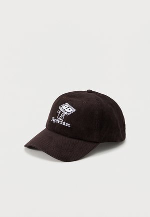 Czarna czapka bejsbolowa z sztruksu z białym, haftowanym na przodzie taśmą kasetową i napisem "Graj przyszłość."