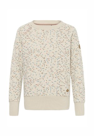 Beige sweatshirt met een verspreid stippatroon in blauw, bruin en wit. Heeft een ronde halslijn en geribbelde manchetten. Voorzien van een badge-detail.