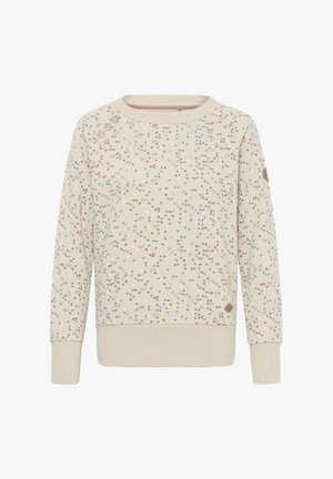 Felpa beige con motivo a puntini sparsi in blu, marrone e bianco. Presenta un girocollo e polsini a costine. Include un dettaglio con toppa.