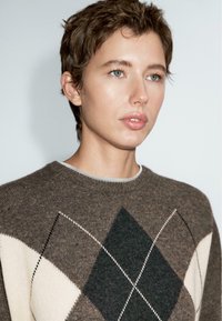 Giovane con i capelli corti castani che indossa un maglione marrone a rombi con motivi neri e crema, che guarda leggermente a destra.