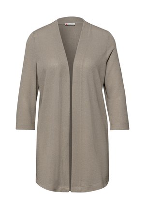 Cardigan long beige à ouverture devant, manches trois-quarts, coupe droite et décontractée.