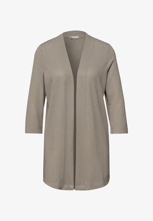 Cardigan long beige à ouverture devant, manches trois-quarts, coupe droite et décontractée.