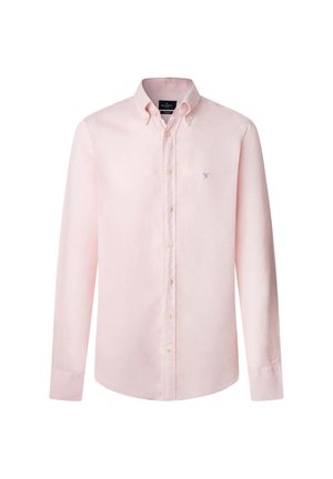 Lyserød langærmet skjorte med knapper, lavet af blødt stof, med klassisk krave og et lille broderet logo på brystet.