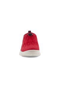 Red slip-on shoes with a quilted texture, elastic strap, and a white outsole. Featuring a pull tab at the back for easy wear.