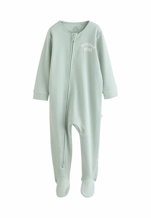 Vihreä ribbireunainen vauvan haalari, jossa on pitkät hihat, vetskarikiinnitys edessä ja jaloissa varpaat peittävät dipin. Omaava "bonjour BBE" -teksti valkoisena. Pehmeä kangastuntuma.