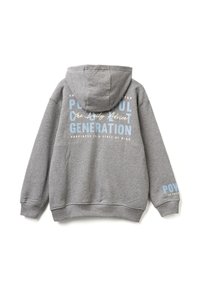 Felpa grigia con cappuccio regolabile. Presenta un testo stampato in azzurro chiaro e bianco sul retro, con polsini e orlo a costine.