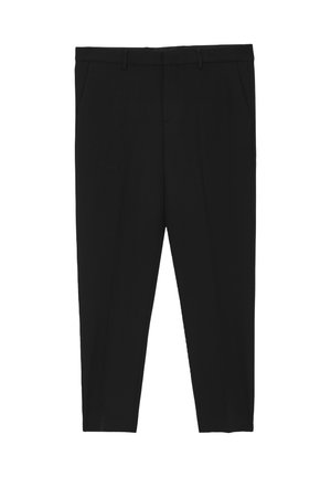 Pantaloni formali neri su misura con passanti per cintura, tasche laterali e una linea gamba dritta slim.