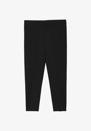 Schwarze maßgeschneiderte formelle Hosen mit Gürtelschlaufen, seitlichen Taschen und einer schlanken, geraden Beinform.