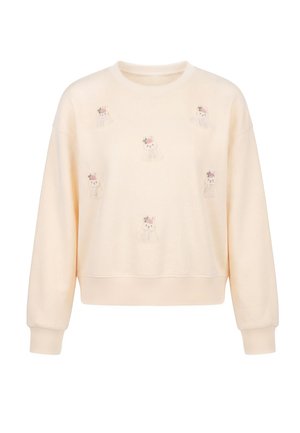 Cremefarvet sweatshirt med lange ærmer, dekoreret med små broderede tegneserie-dyregesigter med lyserøde kroner spredt på forsiden.
