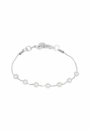 Silver chain bracelet with seven evenly spaced white pearls and a lobster clasp closure.