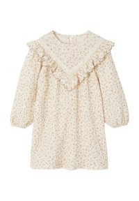 Cremefarbenes Kleid mit floralem Muster, rüschendem Ausschnitt und langen Ärmeln. Verfügt über zarte Spitze und eine locker geschnittene, gefältete Silhouette.