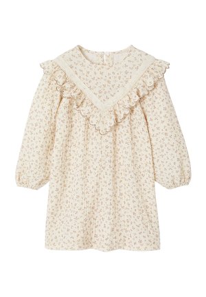 Cremefarbenes Kleid mit floralem Muster, rüschendem Ausschnitt und langen Ärmeln. Verfügt über zarte Spitze und eine locker geschnittene, gefältete Silhouette.