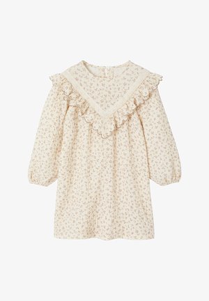 Cremefarbenes Kleid mit floralem Muster, rüschendem Ausschnitt und langen Ärmeln. Verfügt über zarte Spitze und eine locker geschnittene, gefältete Silhouette.