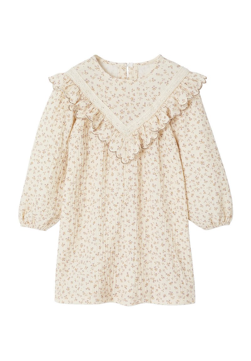 Cremefarbenes Kleid mit floralem Muster, rüschendem Ausschnitt und langen Ärmeln. Verfügt über zarte Spitze und eine locker geschnittene, gefältete Silhouette.