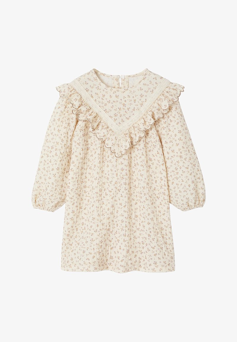 Cremefarbenes Kleid mit floralem Muster, rüschendem Ausschnitt und langen Ärmeln. Verfügt über zarte Spitze und eine locker geschnittene, gefältete Silhouette.