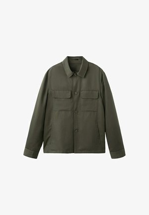 Dark green button-up jacket with collar, two chest flap pockets, and two side pockets, displayed on a white background.