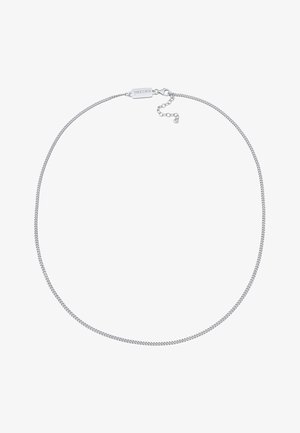 Collier en chaîne en argent avec un design fin et flexible. Il dispose d'un petit fermoir et d'un allonge de chaîne ajustable pour le dimensionnement. Texture lisse.