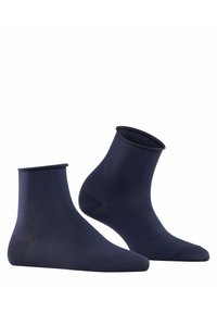 Mørkeblå ankelstrømper laget av mykt, stretchbart materiale med en jevn tekstur og ribbet mansjett. Har et klassisk design uten mønstre.