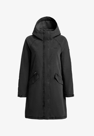 Schwarzer langer Regenmantel mit Kapuze, vorne mit Patte, die den Reißverschluss bedeckt, Pattentaschen an den Hüften und verstellbaren, mit Knöpfen versehenen Manschetten.