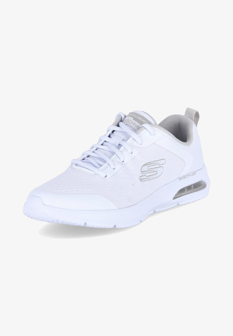 White athletic sneaker featuring a breathable mesh upper, textured design, lace-up closure, and a visible air cushioning unit in the sole.