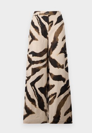 Wide-leg trousers made of lightweight fabric, featuring a beige base with a brown and black tiger stripe pattern and side pockets.