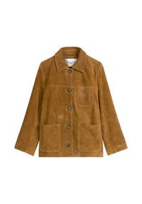 Braune Wildlederjacke mit Kragen, vorderem Knopfverschluss, zwei aufgesetzten Taschen und einer Brusttasche. Glatte Textur und lockere Passform.