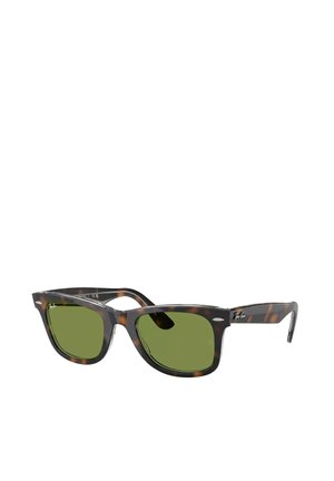 Occhiali da sole rettangolari tartarugati con lenti verdi e logo Ray-Ban sulla lente destra e sull'asta.
