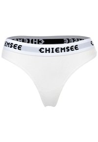 Weißer Baumwollthong mit einem elastischen Bund in Schwarz und Grau, der das "CHiemsee"-Logo trägt. Glatte Textur und minimalistisches Design.