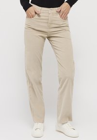 Beige corduroy trousers with a straight leg design, textured fabric, front pockets, and a button closure at the waist.