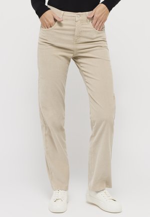 Beige Cordhosen mit geradem Bein, strukturiertem Stoff, Fronttaschen und einem Knopfverschluss an der Taille.