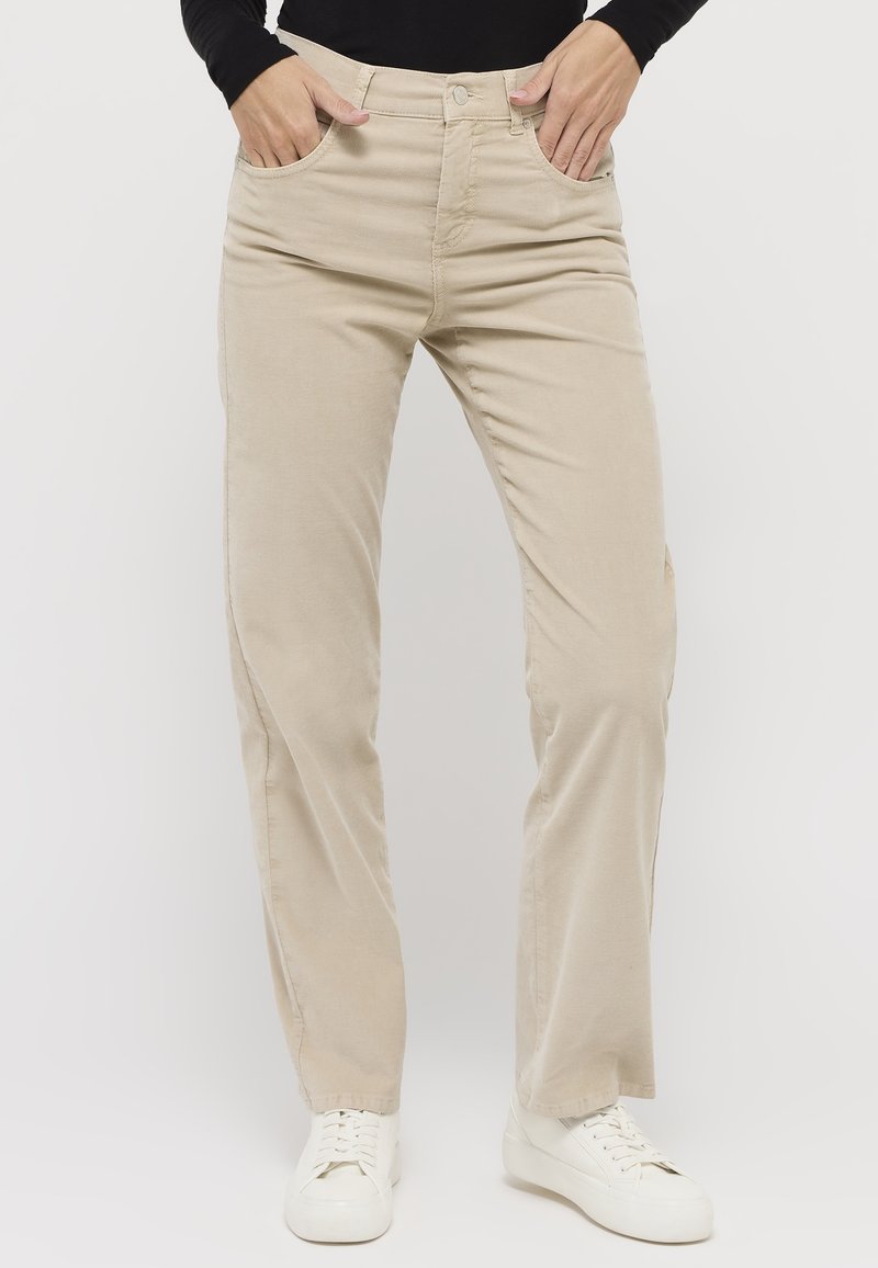 Beige corduroy trousers with a straight leg design, textured fabric, front pockets, and a button closure at the waist.