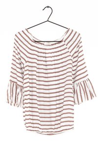 Striped blouse with an off-shoulder design, featuring brown and white stripes, ruffled sleeves, and a gathered waistline.