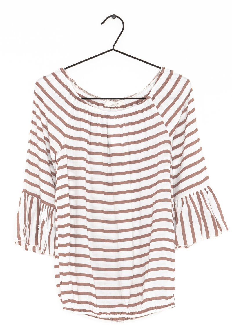 Striped blouse with an off-shoulder design, featuring brown and white stripes, ruffled sleeves, and a gathered waistline.