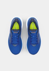 Blue running shoes with a mesh upper, padded collar, and white outsole. Features include laces and a vibrant green insole. Brand logo visible.