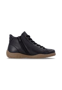 Bottine en cuir noir avec fermeture éclair latérale, lacets noirs et semelle en caoutchouc beige, vue de côté sur fond blanc.