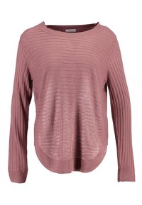 Rosa gerippter Pullover mit langen Ärmeln, abgerundetem Saum und einem strukturierten Design. Hergestellt aus einem weichen Material mit einem leicht glänzenden Finish.