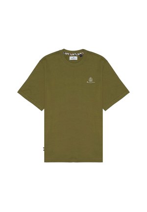 T-shirt in cotone verde oliva con maniche corte, collo tondo e un piccolo logo sul petto. Presenta un motivo a quadri sul colletto interno.