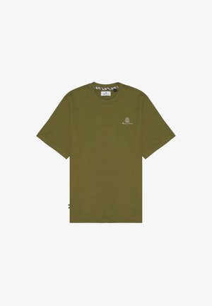 T-shirt in cotone verde oliva con maniche corte, collo tondo e un piccolo logo sul petto. Presenta un motivo a quadri sul colletto interno.