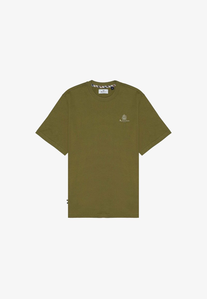 T-shirt in cotone verde oliva con maniche corte, collo tondo e un piccolo logo sul petto. Presenta un motivo a quadri sul colletto interno.