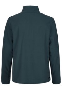 Dunkelgrüne Fleecejacke mit langen Ärmeln und hohem Kragen, von hinten vor weißem Hintergrund gezeigt.