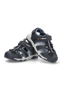 Sandalias azul marino con acentos grises, que cuentan con una parte superior de malla, correas ajustables y una suela de goma con surcos antideslizantes.