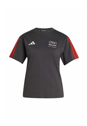 Schwarzes Kurzarm-T-Shirt mit Rundhalsausschnitt, roten Streifen an den Ärmeln, Adidas-Logo auf der rechten Brust und Revolut F1 Team Branding auf der linken Brust.
